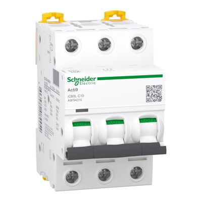 A9F94310, MCB, iC60L, 3P, 10A, C curve,  15000A (IEC/EN 60898-1), 25kA (IEC/EN 60947-2)