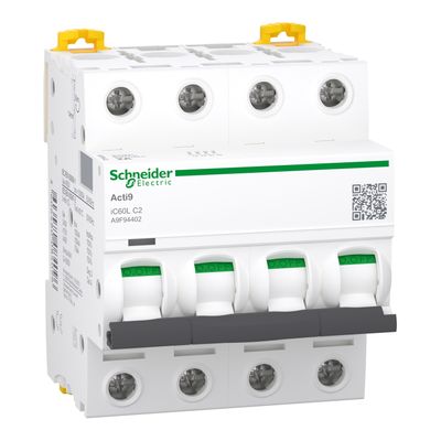 A9F94402, MCB, iC60L, 4P, 2A, C curve, 15000A (IEC/EN 60898-1), 100kA (IEC/EN 60947-2)