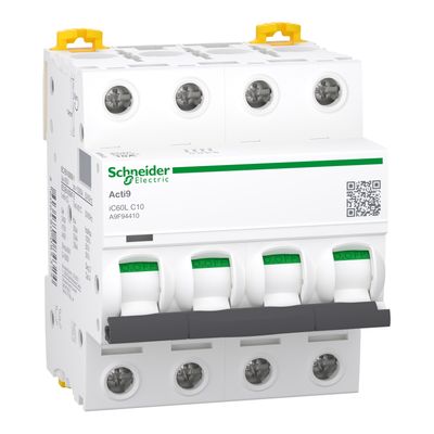 A9F94410, MCB, iC60L, 4P, 10A, C curve, 15000A (IEC/EN 60898-1), 25kA (IEC/EN 60947-2)