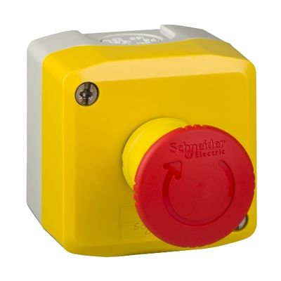 XALK178, Control station XALK, plastic, yellow lid, 1 red mushroom push button 40mm, turn to release, 1NC