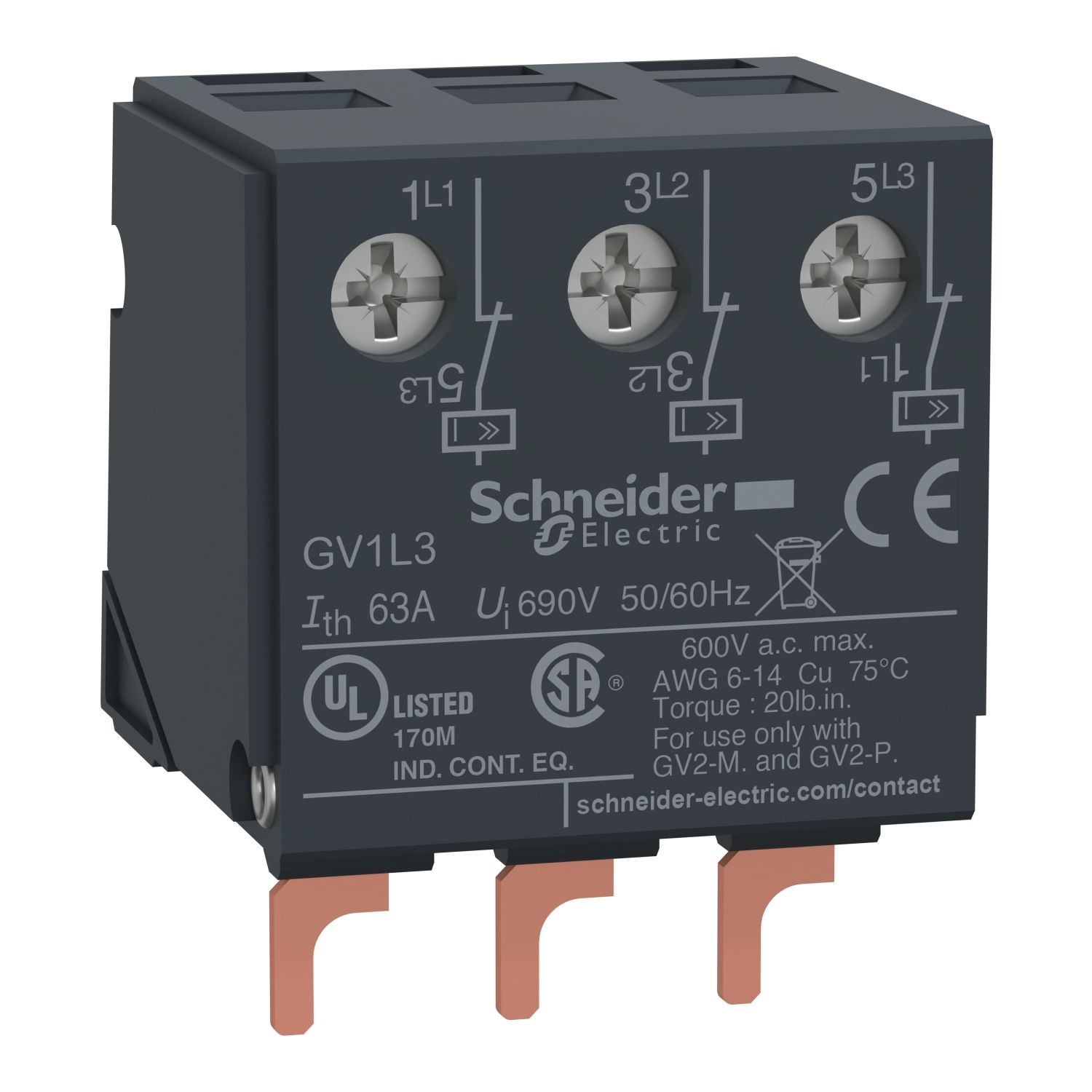 GV1L3, Current limiter GV1, top of GV2ME/P/RT