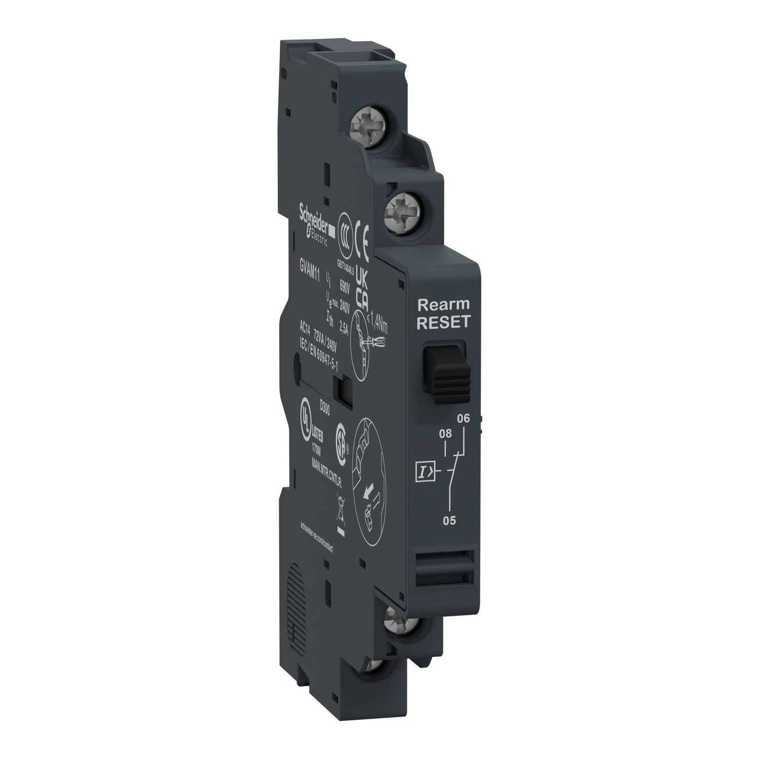 GVAM11, Add-on  contact blockTeSys GVA, 1CO, short-circuit signalling, side, GV2/GV3