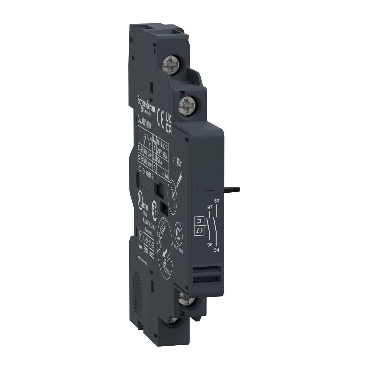 GVAD1010, Add-on contact block TeSys GVA, 1NO(fault)+1NO, side, GV2/GV3