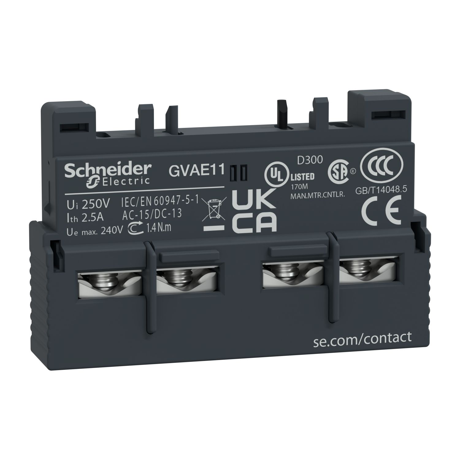GVAE11, Add-on contact block TeSys GVA, 1NO+1NO, front mounting, GV2
