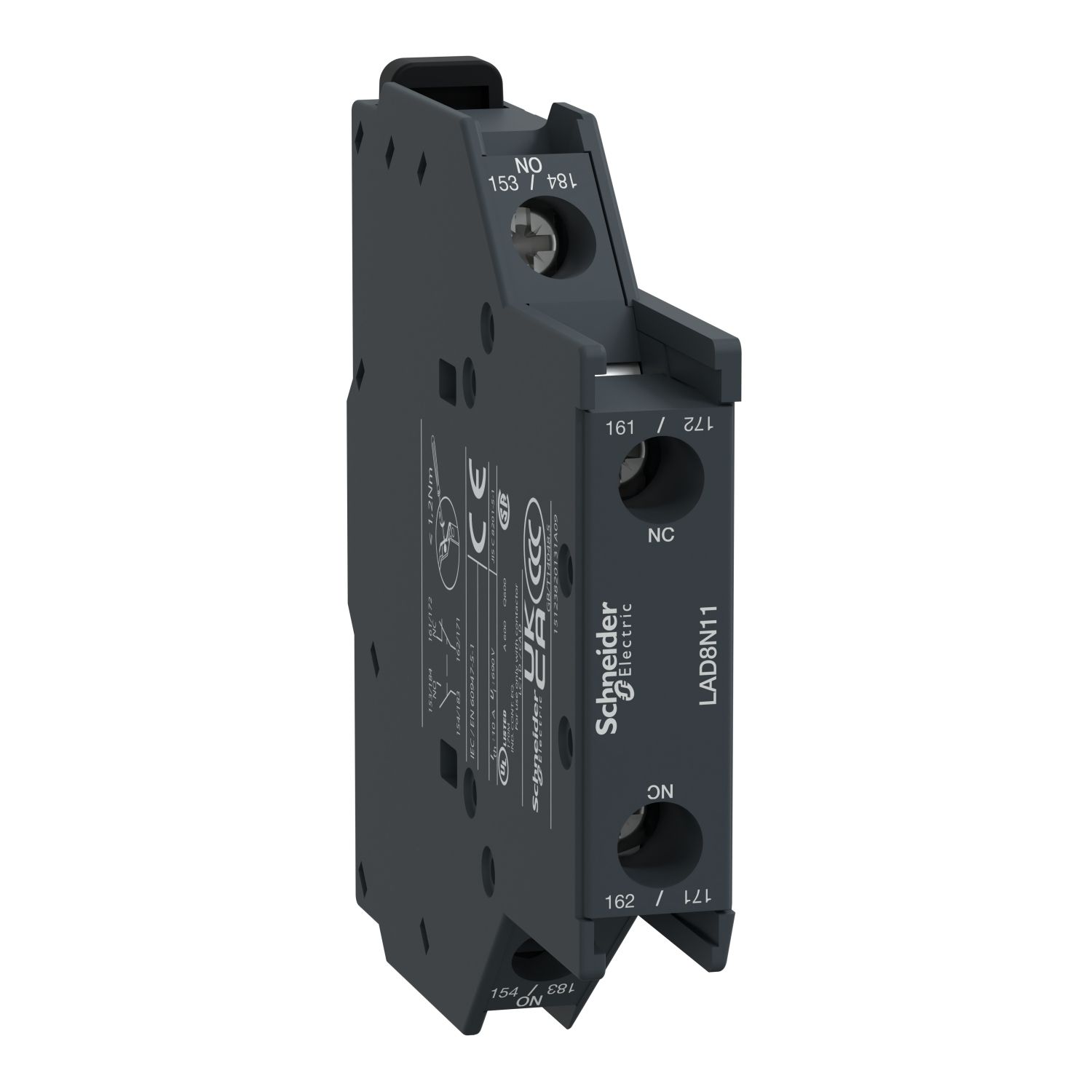 LAD8N11, Auxiliary contact block TeSys D, 1NO+1NC, side mounting, screw clamp terminals