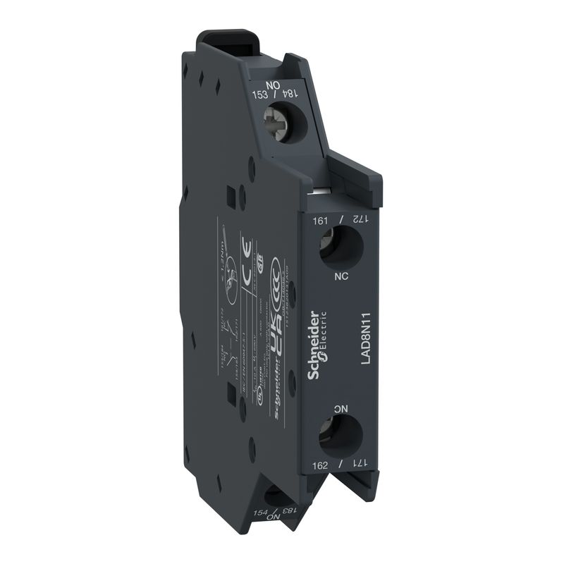 LAD8N11, Auxiliary contact block TeSys D, 1NO+1NC, side mounting, screw clamp terminals