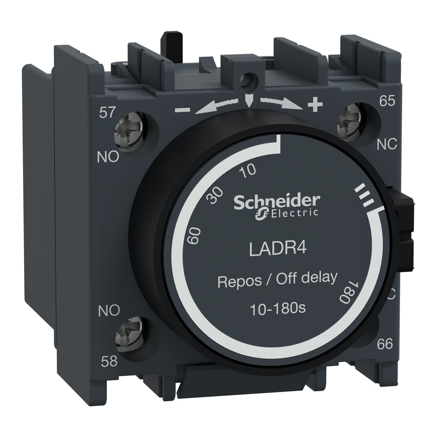 LADR4, Off delay timer block TeSys D, 1NO+1NC, 10..180s, front, screw clamp terminals