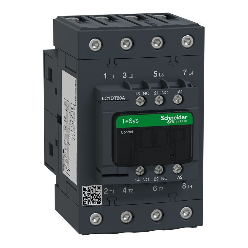 LC1DT80AP7, Contactor TeSys Deca, 4P(4NO), AC-1 <=440V, 80A, 230V AC 50/60Hz coil