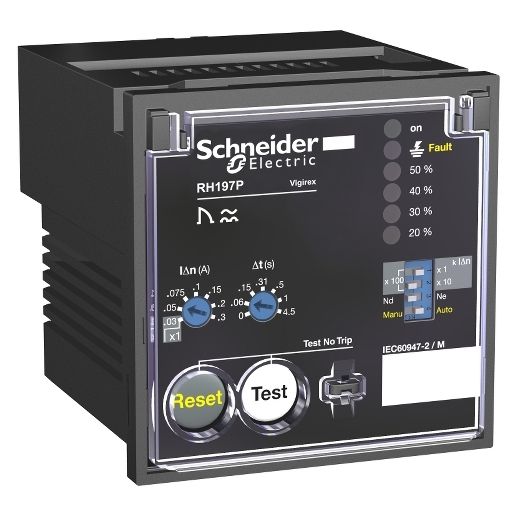 56507, Earth leakage relay VigiPacT RH197P, with manual reset, 30mA..30A, 0..4.5s, alarm 50%, 220..240V AC