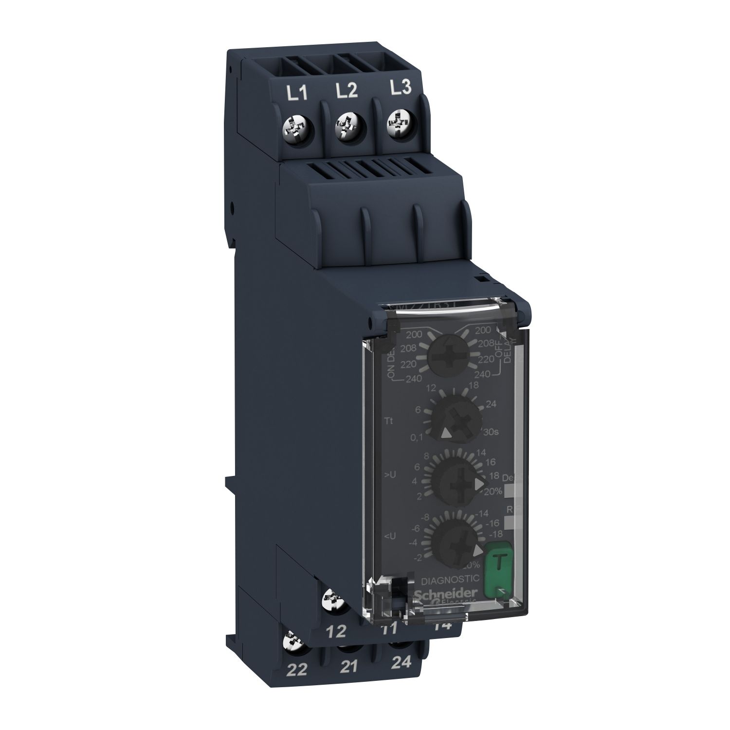 RM22TR31, 3-phase over and undervoltage control relay RM22, 8A, 2CO, 0.1..30s, 200..240V AC