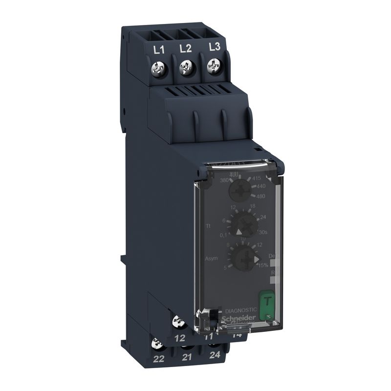 RM22TA33, 3-phase asymmetry control relay RM22, 8A, 2CO, 0.1..30s, 380..480V AC