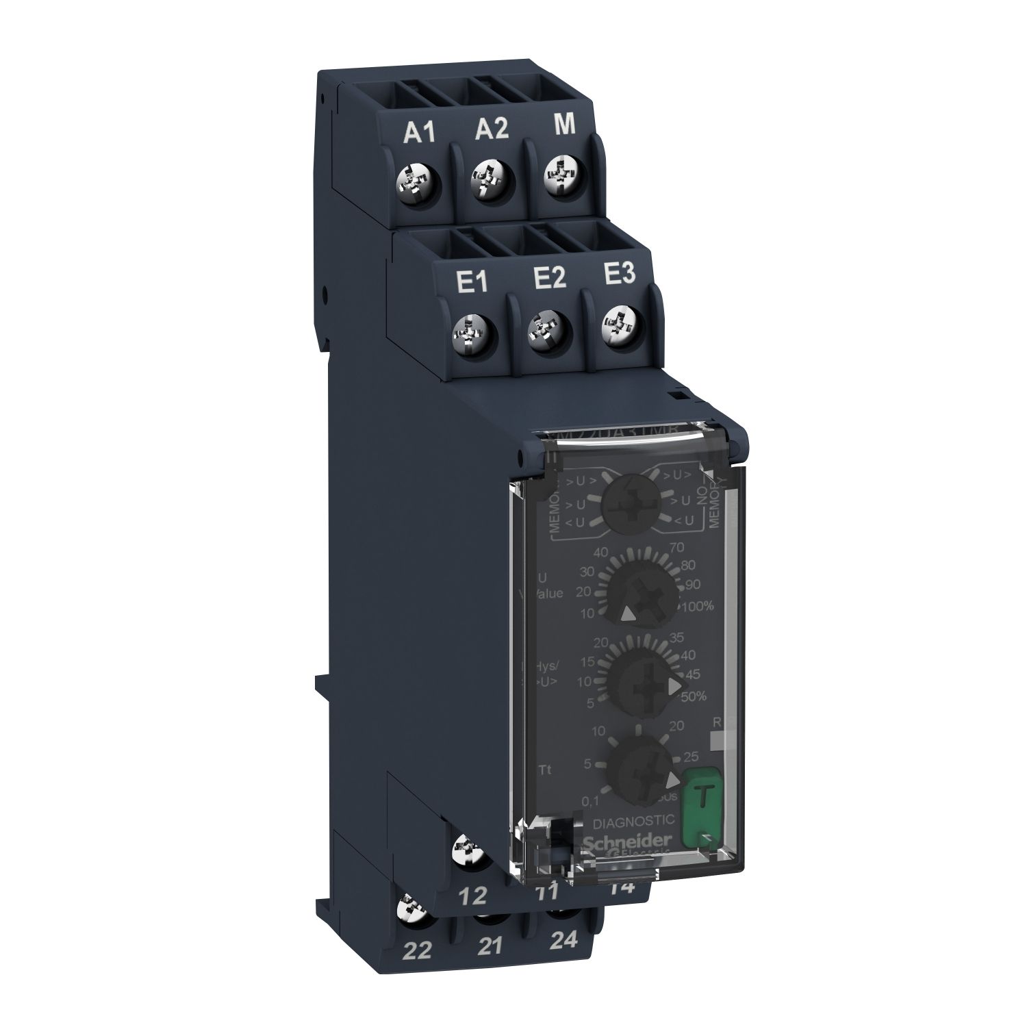 RM22UA32MR, Over and undervoltage control relay RM22, 8A, 2CO, 0.1..30s, 1..100V AC/DC, 24..240V AC/DC