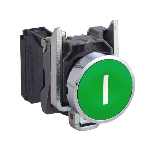 XB4BA3311, Flush push button XB4, Ø22, metal, green, spring return, 1NO, "I"