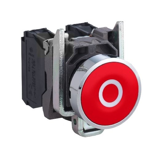 XB4BA4322, Flush push button XB4, Ø22, metal, red, spring return, 1NO, "O"