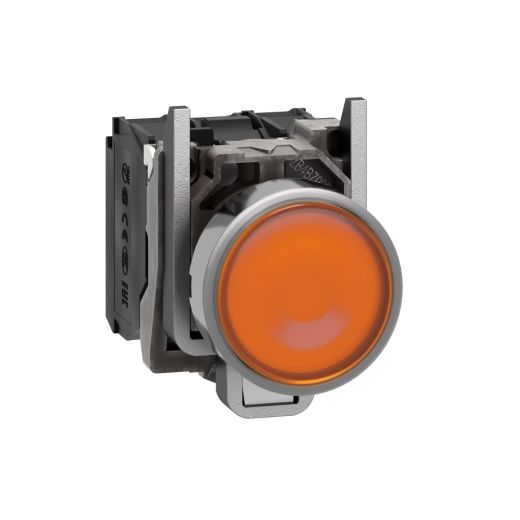 XB4BW35B5, Flush illum push button XB4, Ø22, metal, orange, spring return, 1NO+1NC, 24V AC/DC