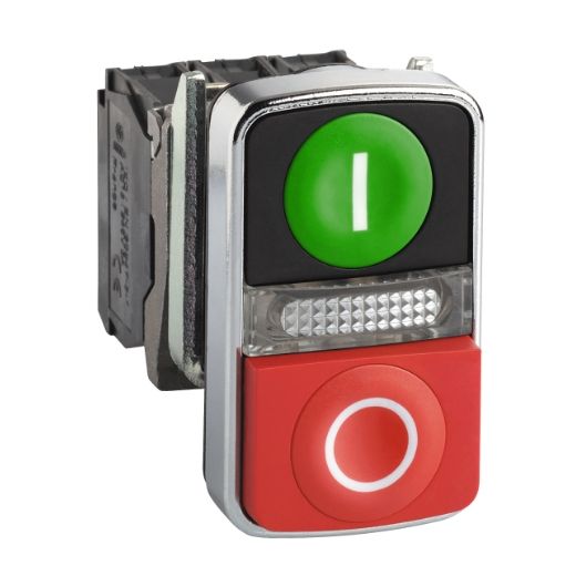 XB4BW73731B5, Double illum push button XB4, Ø22, metal, flush green/projecting red, spring return, 1NO+1NC, 24V AC/DC