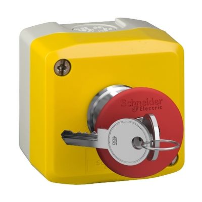 XALK188, Control station XALK, plastic, yellow lid, 1 red mushroom push button 40mm, key release, 1NC