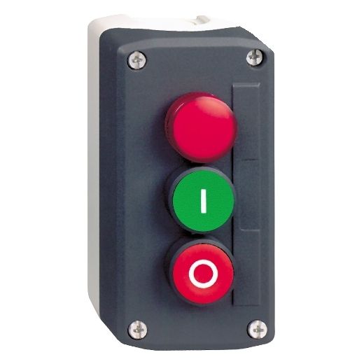 XALD363B, Dark grey station XALD, 2 flush push buttons, 1 pilot light, Ø22, spring return, "Red-I-O", 1NO+1NC, 24V AC/DC
