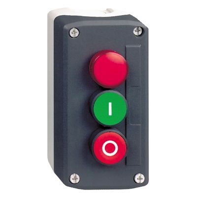 XALD363B, Dark grey station XALD, 2 flush push buttons, 1 pilot light, Ø22, spring return, "Red-I-O", 1NO+1NC, 24V AC/DC