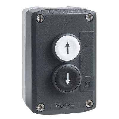 XALD222, Dark grey station XALD, 2 flush push buttons, Ø22, spring return, "up arrow - down arrow", 2NO