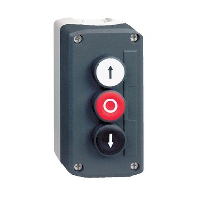 XALD324, Dark grey station XALD, 3 flush push buttons, Ø22, spring return, "up arrow - O - down arrow", 2NO+1NC