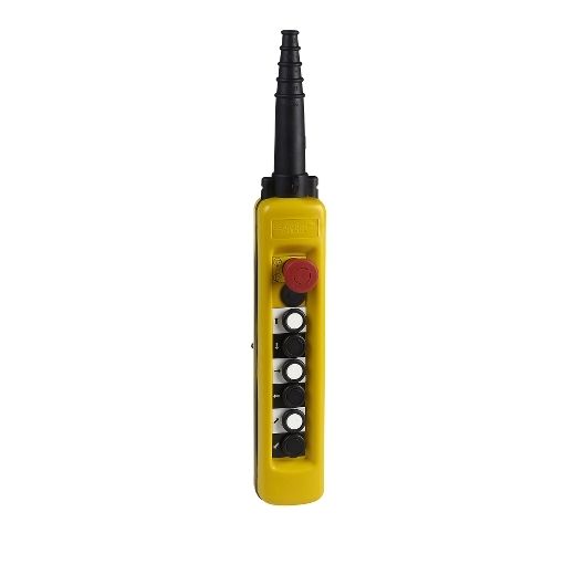 XACA6913, Pendant control station XAC, plastic, yellow, 7 push buttons, 2NO+1NC, 1 emergency stop NC, 2 speed