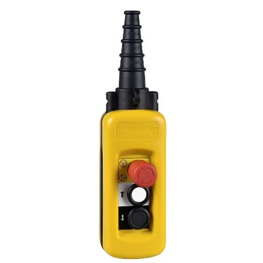 XACA2913, Pendant control station XAC, plastic, yellow, 2 push buttons, 2NO+1NC, 1 emergency stop NC, 2 speed