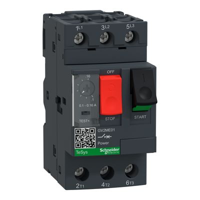 GV2ME01, Motor circuit breaker TeSys Deca GV2, 3P, 0.1..0.16A, thermal magnetic, button control