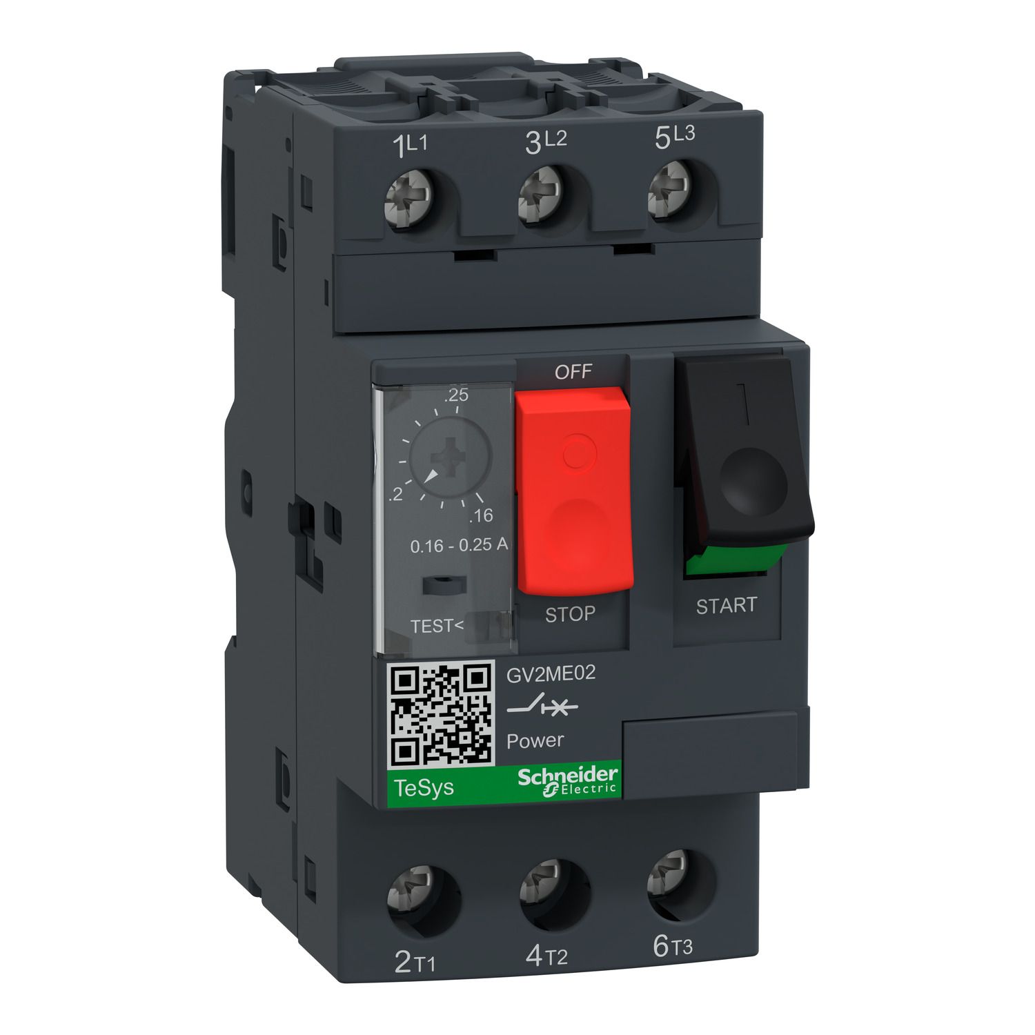 GV2ME02, Motor circuit breaker TeSys Deca GV2, 3P, 0.16..0.25A, thermal magnetic, button control