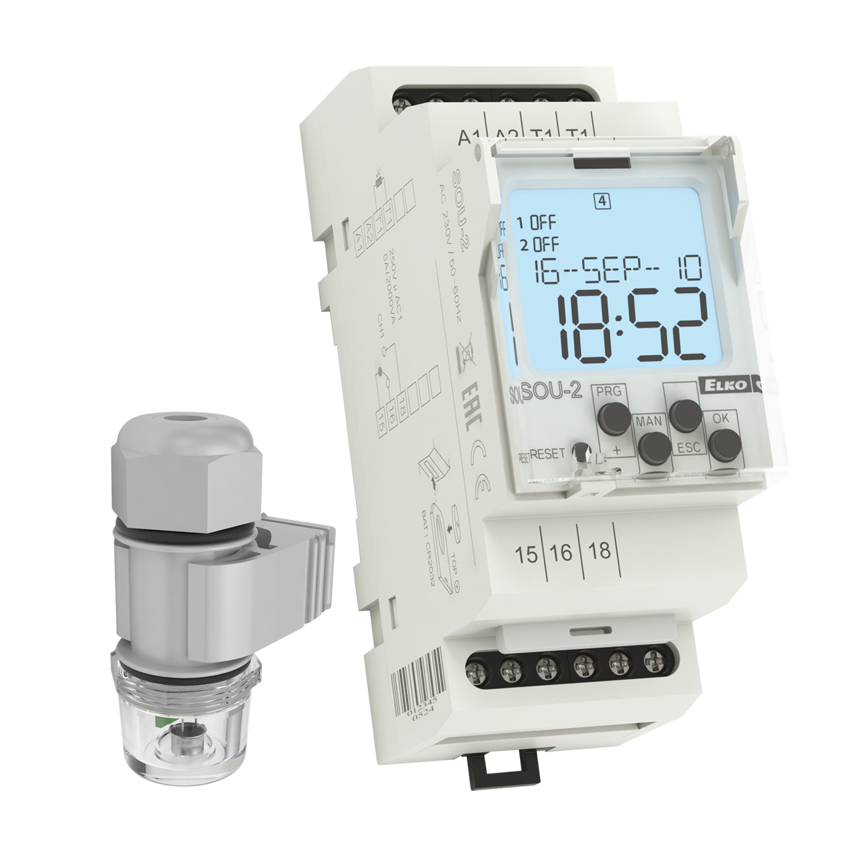 SOU-2 + SKS200, Twilight switch + fotosensor SOU, 10..50 000lux, 1CO, , LCD display, daily/weekly/yearly, 230V AC, reserve