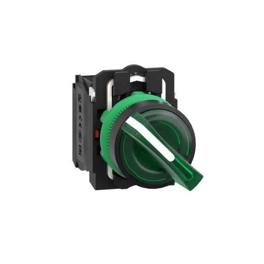 XB5AK123B5, Illum selector switch XB5, Ø22, plastic, green, 2 position, stay put, 1NO+1NC, 24V AC/DC