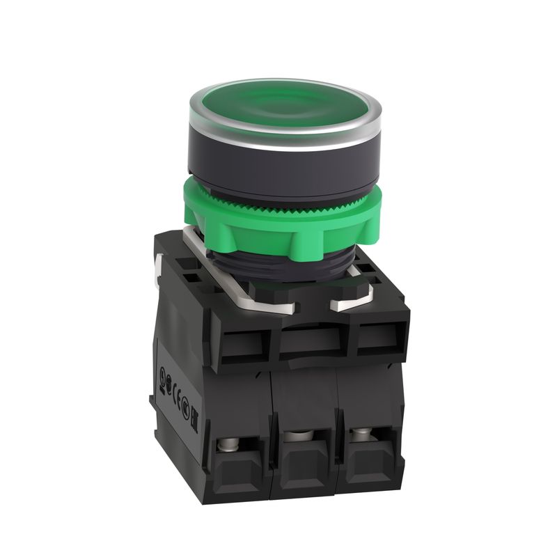 XB5AW33B5, Flush illum push button XB5, Ø22, plastic, green, spring return, 1NO+1NC, 24V AC/DC