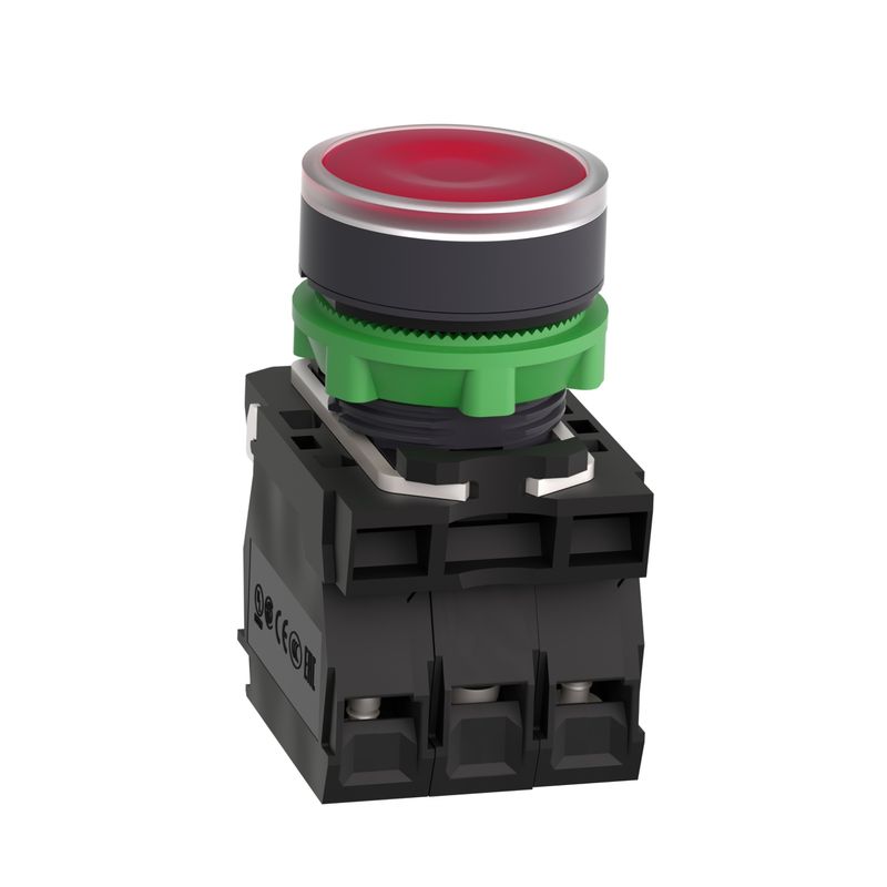 XB5AW34B5, Flush illum push button XB5, Ø22, plastic, red, spring return, 1NO+1NC, 24V AC/DC