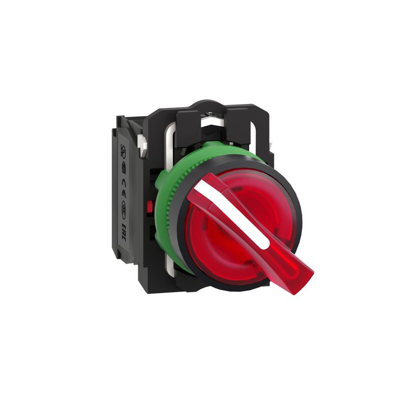 XB5AK124B5, Illum selector switch XB5, Ø22, plastic, red, 2 position, stay put, 1NO+1NC, 24V AC/DC