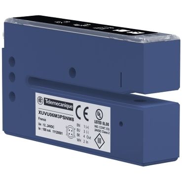 XUVU06M3KSNM8, Photoelectric sensors XUV, label fork, 60X3mm, PNP/NPN, 1NO+1NC, 12..24V DC, M8
