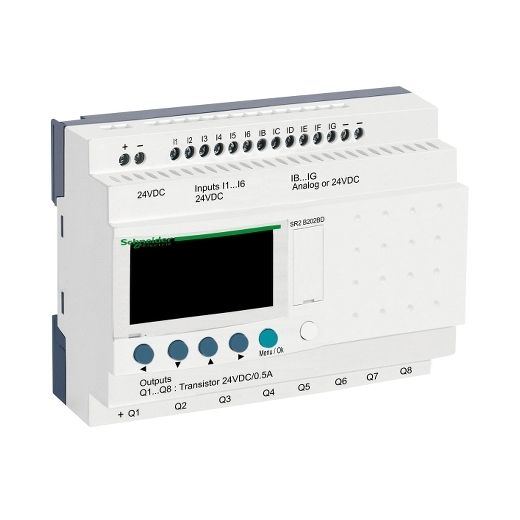 SR2B202BD, Compact smart relay SR2, clock, display, 20 I/O, 24V DC