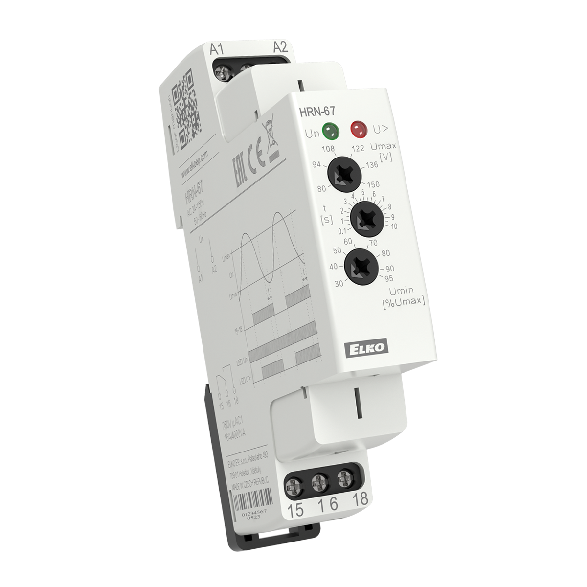 HRN-67, Over and undervoltage relay HRN, 16A, 1CO, 0.1..10s, 24..150V AC