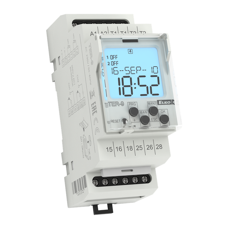 TER-9, Digital thermostat with time switch TER, 2CO, LCD, thermistor NTC, 24V AC/DC