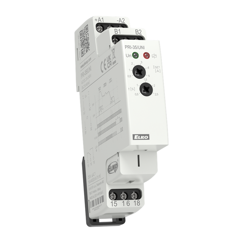 PRI-35, Undercurrent control relay PRI, (CT) x/5A, 16A, 1CO, 0.5..2.5s, 0.5..5A, 24..240V AC/DC