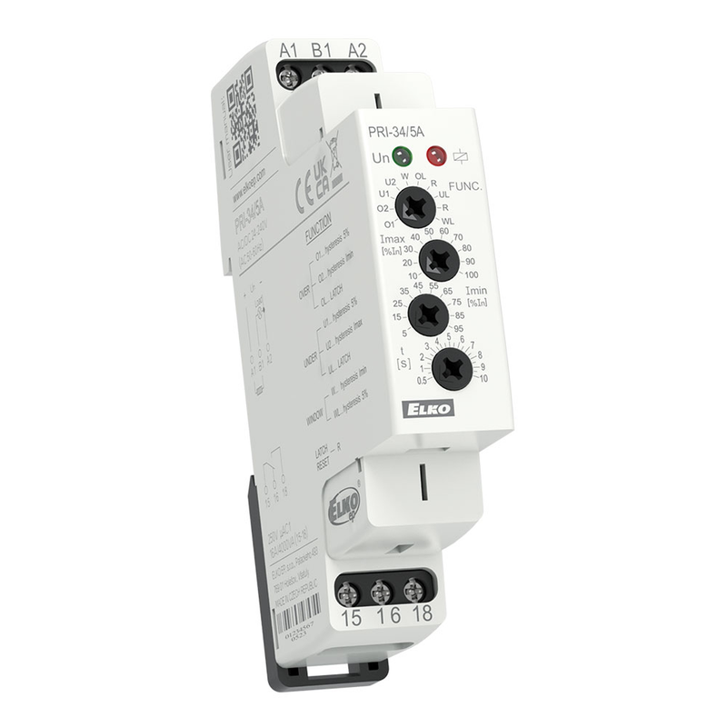PRI-34/5A, Over and undercurrent control relay PRI, 5A, 1CO, 0.5..10s, 0..5A, 24..240V AC/DC