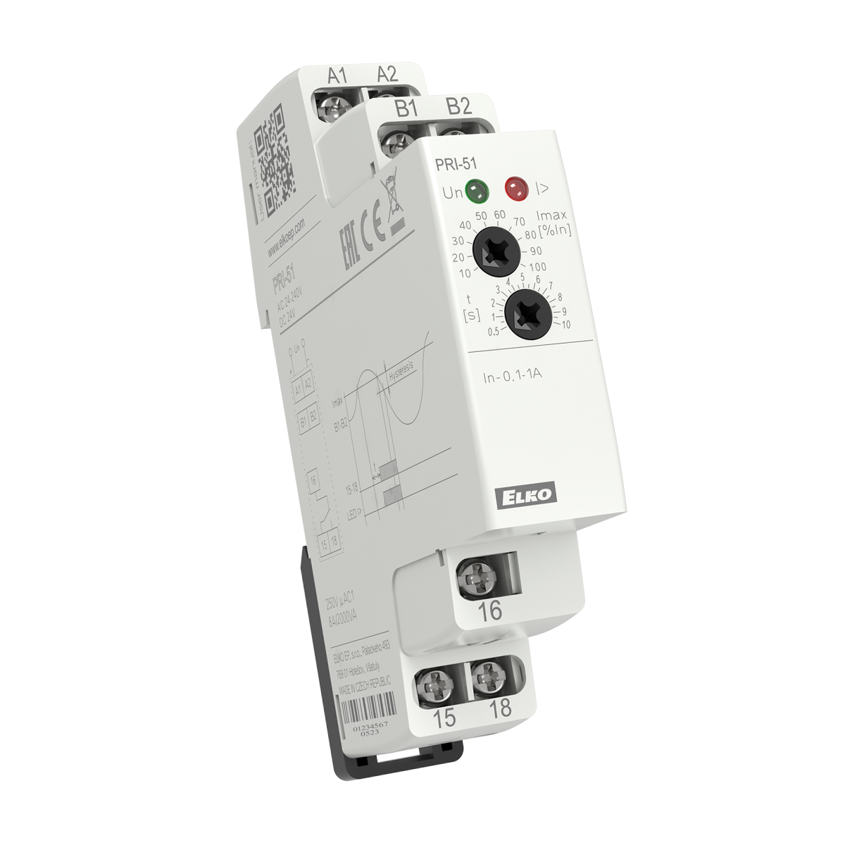 PRI-51/16A, Overcurrent control relay PRI, 8A, 1CO, 0.5..10s, 1..16A, 24..240V AC