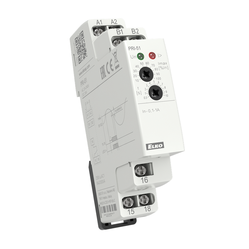 PRI-51/16A, Overcurrent control relay PRI, 8A, 1CO, 0.5..10s, 1..16A, 24..240V AC