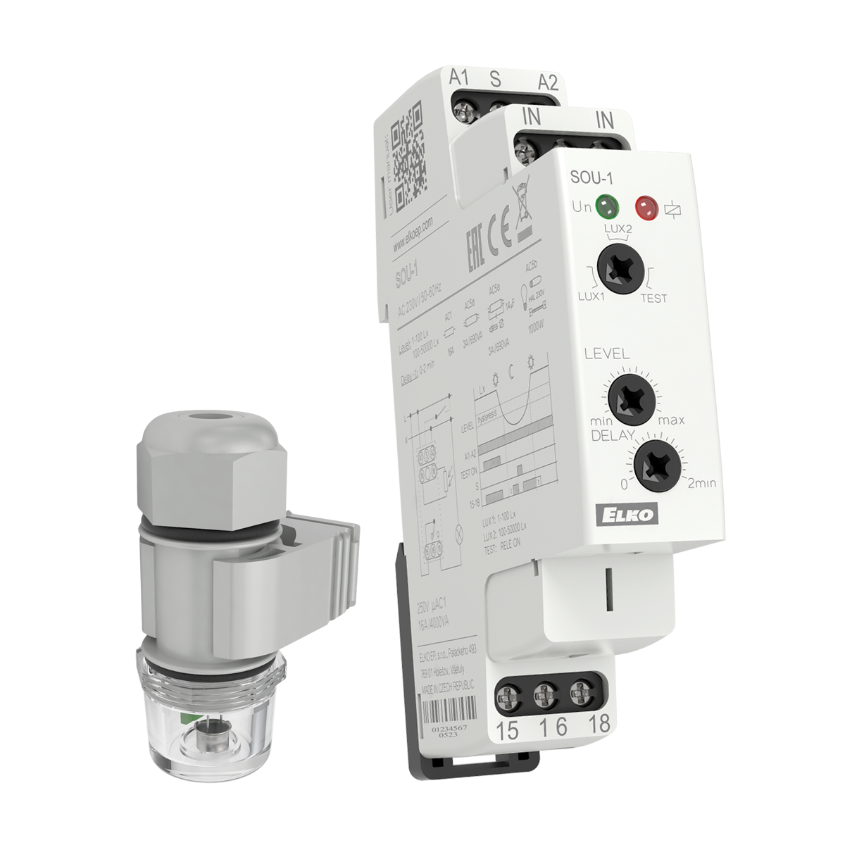 SOU-1 + SKS100, Twilight switch + fotosensor SOU, 1..50 000lux, 1CO, 12..240V AC/DC
