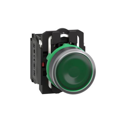 XB5AW33M5, Flush illum push button XB5, Ø22, plastic, green, spring return, 1NO+1NC, 220..240V AC