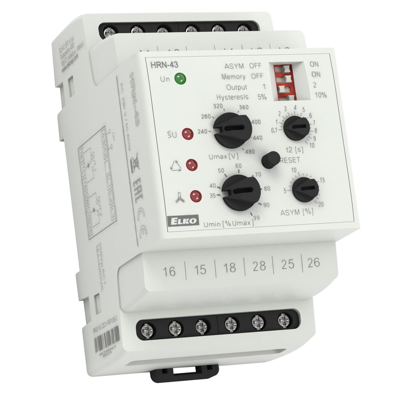 HRN-43/UNI, voltage monitoring relay for complete control in 3P incl. asymmetry HRN-43, 2CO, 0.1..10s, 240..480V, adjustable
