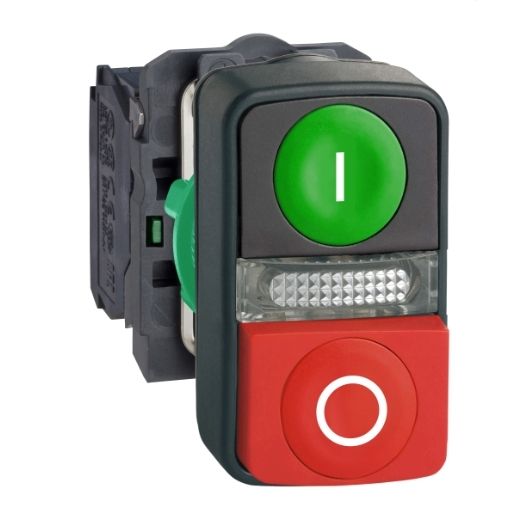 XB5AW73731M5, Green flush/red projecting illuminated double-headed pushbutton XB5, Ø22, plastic, LED, 1NO+1NC, 230..240V AC XB5AW73731M5, Green flush/red projecting illuminated double-headed pushbutton XB5, Ø22, plastic, LED, 1NO+1NC, 230..240V AC
