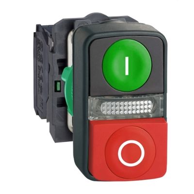 XB5AW73731M5, Green flush/red projecting illuminated double-headed pushbutton XB5, Ø22, plastic, LED, 1NO+1NC, 230..240V AC XB5AW73731M5, Green flush/red projecting illuminated double-headed pushbutton XB5, Ø22, plastic, LED, 1NO+1NC, 230..240V AC