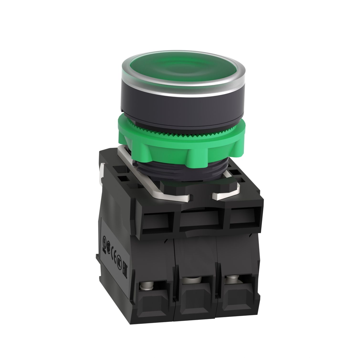 XB5AW33B5, Flush illum push button XB5, Ø22, plastic, green, spring return, 1NO+1NC, 24V AC/DC XB5AW33B5, Flush illum push button XB5, Ø22, plastic, green, spring return, 1NO+1NC, 24V AC/DC