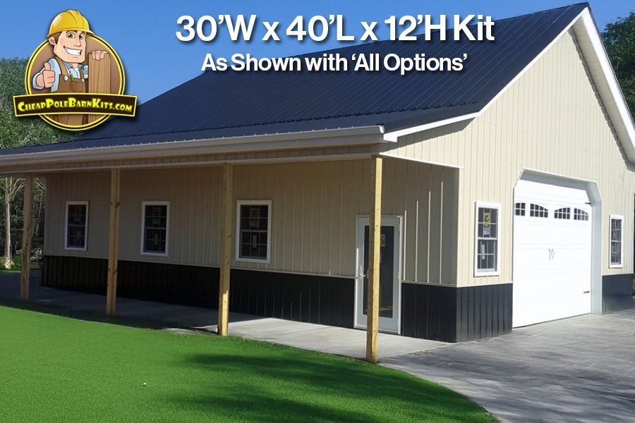 30'W x 40'L x 12'H - Pole Barn Kit w/Lean To