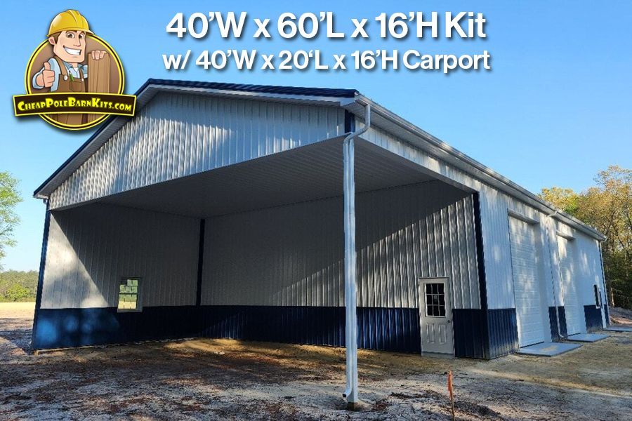 40'W x 60'L x 16'H - Pole Barn Kit w/40'x18' Carport